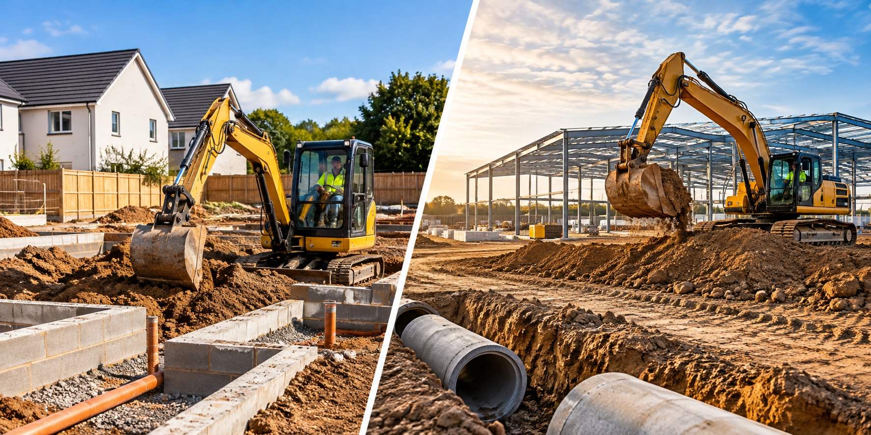 Residential and commercial groundworks construction with an excavator preparing a building site in Devon and Cornwall